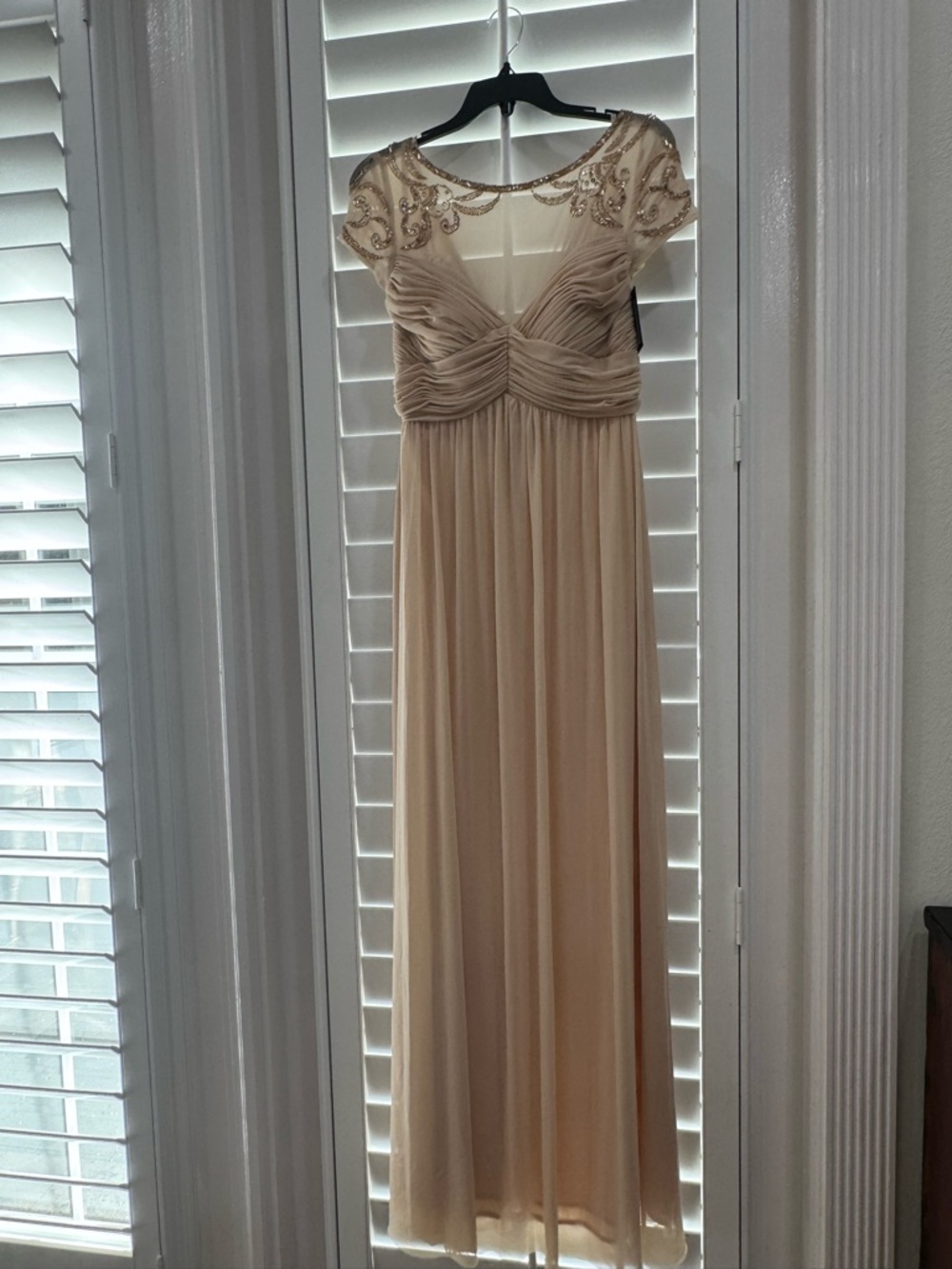 NWT Marina Beaded Cap Sleeve Chiffon Gown – Champagne (Style 2622021) – Size 8